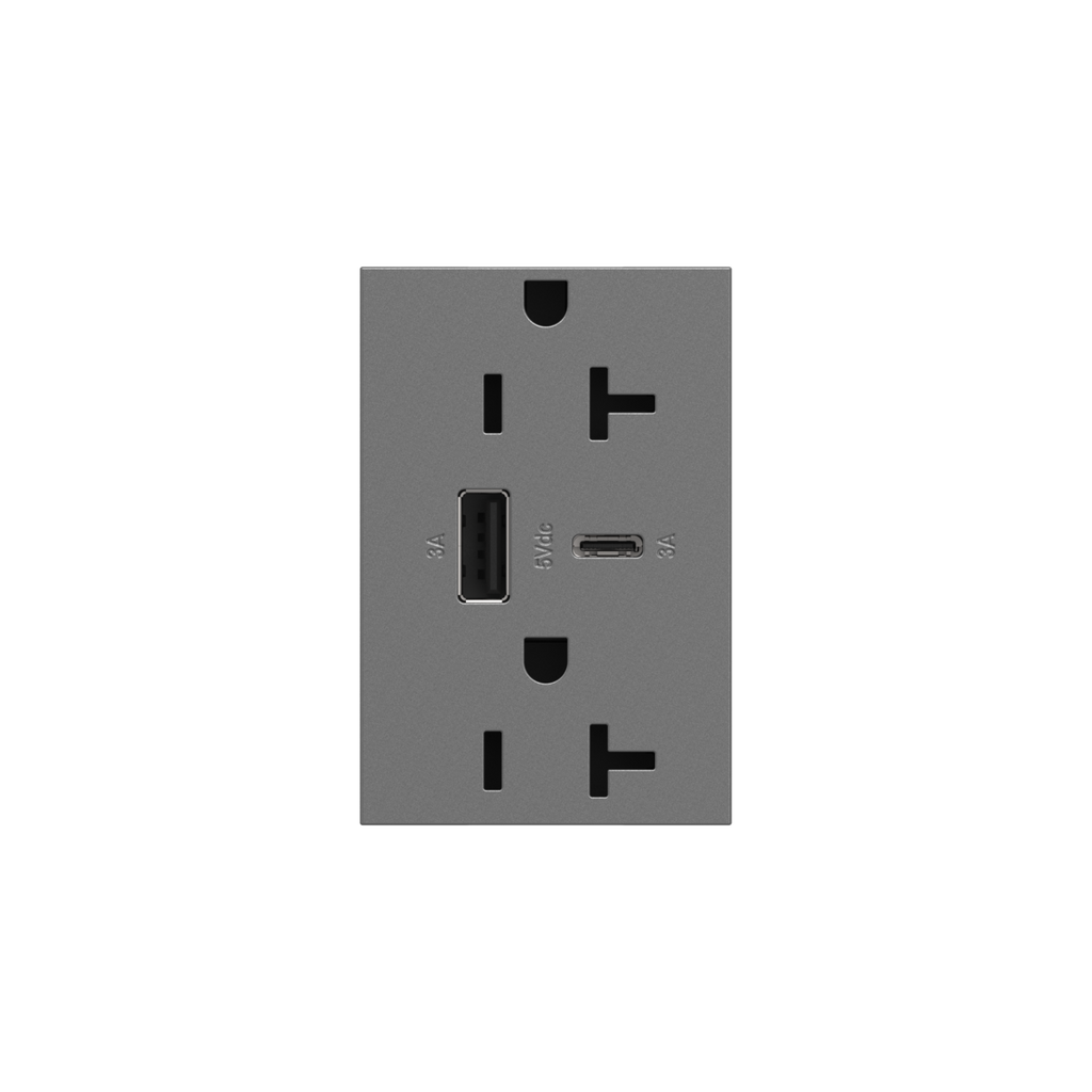 Dual-USB, 20A, Tamper-Resistant, A/C USB Hybrid Outlet, Magnesium