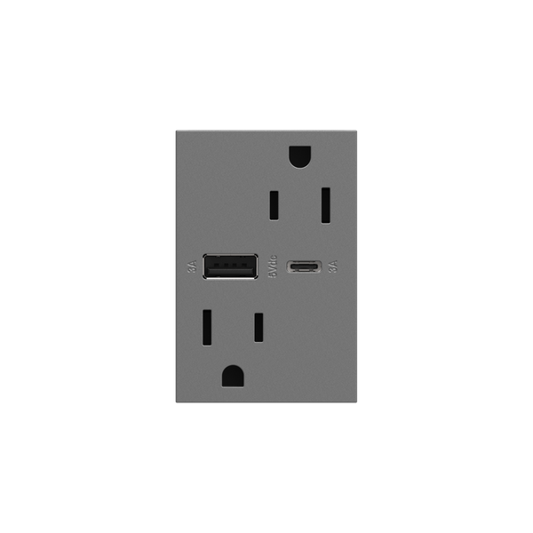 Dual-USB, 15A, Tamper-Resistant, A/C USB Hybrid Outlet, Magnesium